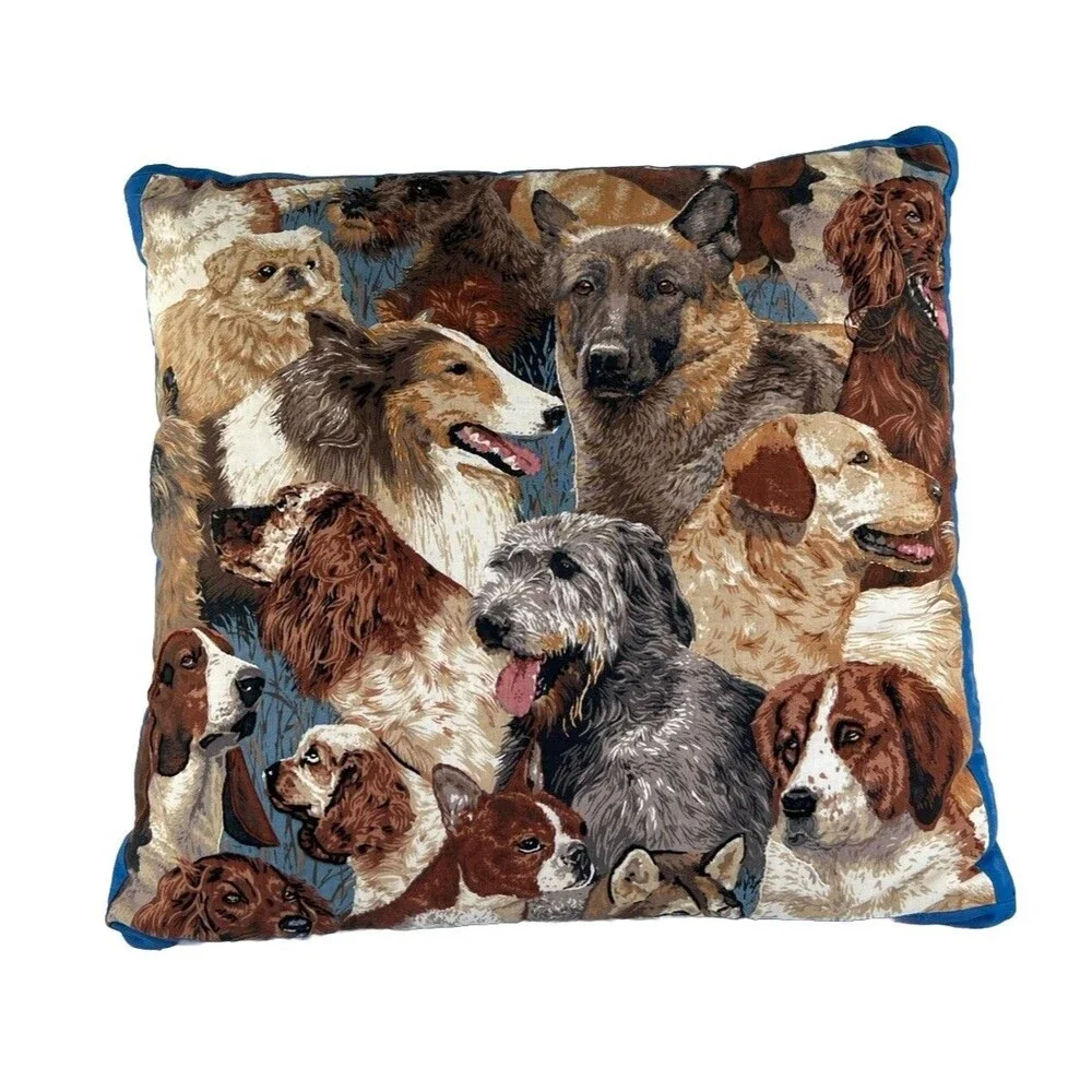 Vintage Fabric Dog All Over Print Decorative Throw Pillow Hand Stitch Detailing